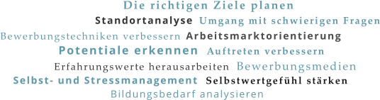 Standortanalyse Potentiale erkennen Die richtigen Ziele planen Arbeitsmarktorientierung Bewerbungsmedien Bewerbungstechniken verbessern Auftreten verbessern Erfahrungswerte herausarbeiten Umgang mit schwierigen Fragen Selbstwertgefühl stärken Selbst- und Stressmanagement Bildungsbedarf analysieren