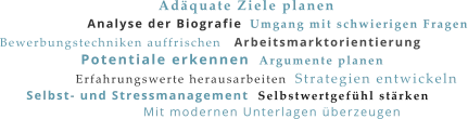 Analyse der Biografie Potentiale erkennen Adäquate Ziele planen Arbeitsmarktorientierung Strategien entwickeln Bewerbungstechniken auffrischen Argumente planen Erfahrungswerte herausarbeiten Umgang mit schwierigen Fragen Selbstwertgefühl stärken Selbst- und Stressmanagement Mit modernen Unterlagen überzeugen